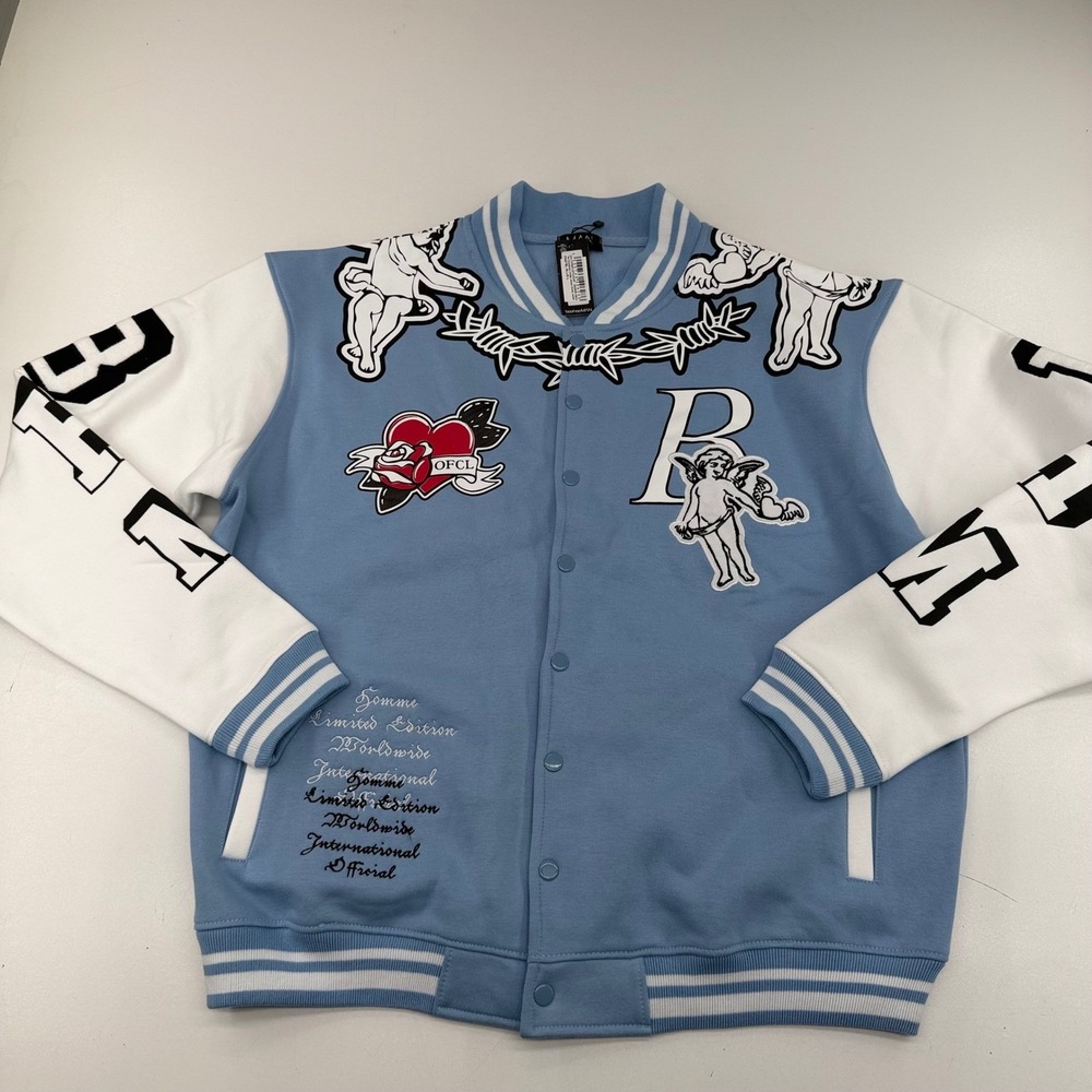 BoohooMAN Tall Oversized Limited Jersey Varsity Jacket Pastel Blue Cherub Size L